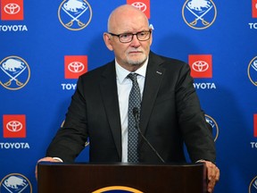 Buffalo Sabres head coach Lindy Ruff addresses the media following an NHL game against the Chicago Blackhawks.