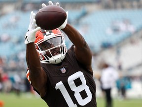 David Bell of the Cleveland Browns warms up prior a game in 2024.