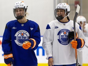 Caitlin Kraemer (left) and Chloe Primerano take part in Edmonton Oilers development camp earlier this year.