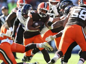 Jaleel McLaughlin of the Cleveland Browns runs against the Baltimore Ravens.