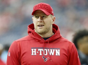 JJ Watt of the Houston Texans looks on during warmups before the game against the Denver Broncos at NRG Stadium on December 08, 2019 in Houston, Texas.