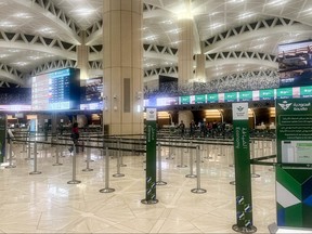 The empty terminal at King Khalid International Airport in Riyadh is pictured on March 1, 2026.