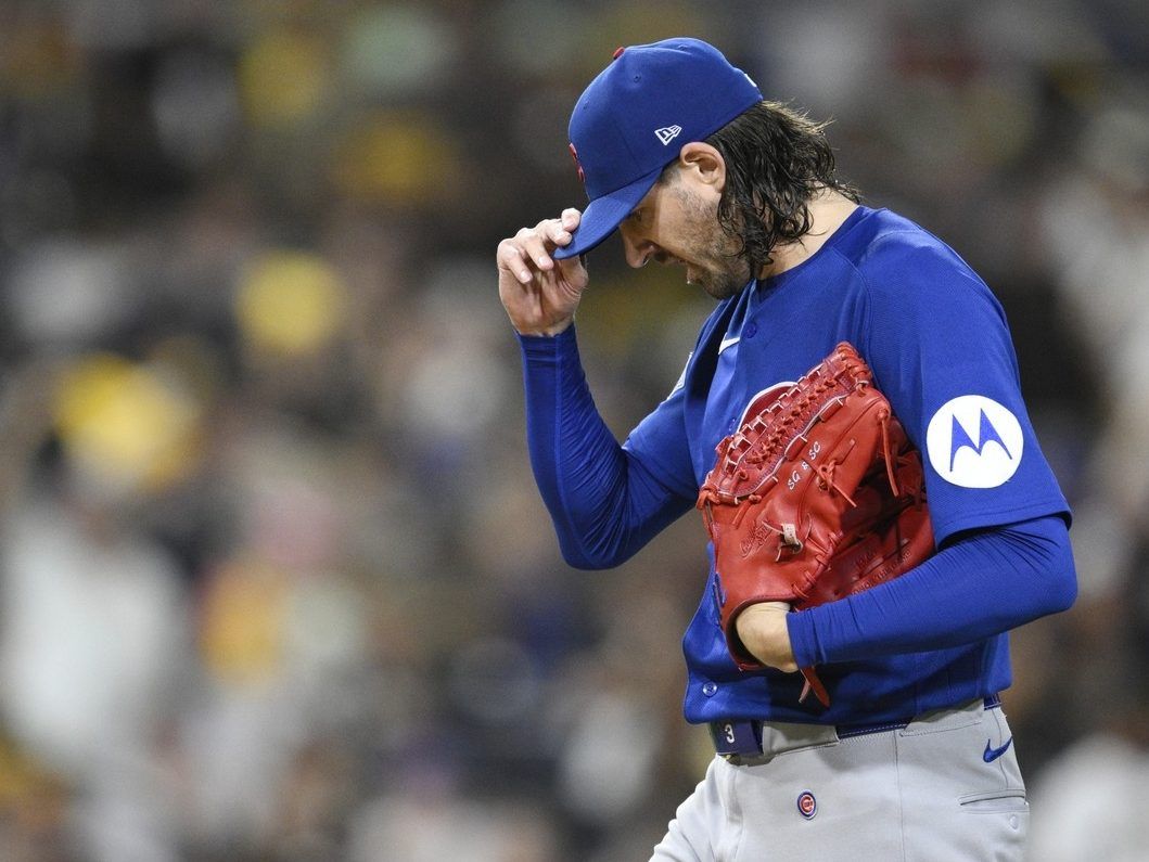 Kevin Gausman #12 of the Chicago Cubs looks on against the San Diego Padres during the third inning in game two of the National League Wild Card Series at Petco Park on September 30, 2026 in San Diego, California.