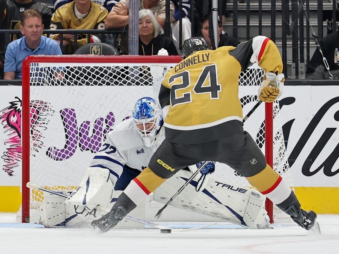 Trevor Connelly #24 of the Vegas Golden Knights scores a shootout goal against Sergei Bobrovsky #72 of the Toronto Maple Leafs at T-Mobile Arena on October 08, 2026 in Las Vegas, Nevada. The Golden Knights defeated the Maple Leafs 4-3 in a shootout.