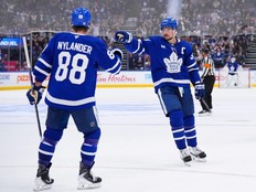 Auston Matthews of the Toronto Maple Leafs celebrates a goal against the San Jose Sharks.