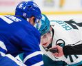 San Jose Sharks' Macklin Celebrini looks on before a faceoff in the third period against the Toronto Maple Leafs at Scotiabank Arena on Oct. 19, 2026 in Toronto.