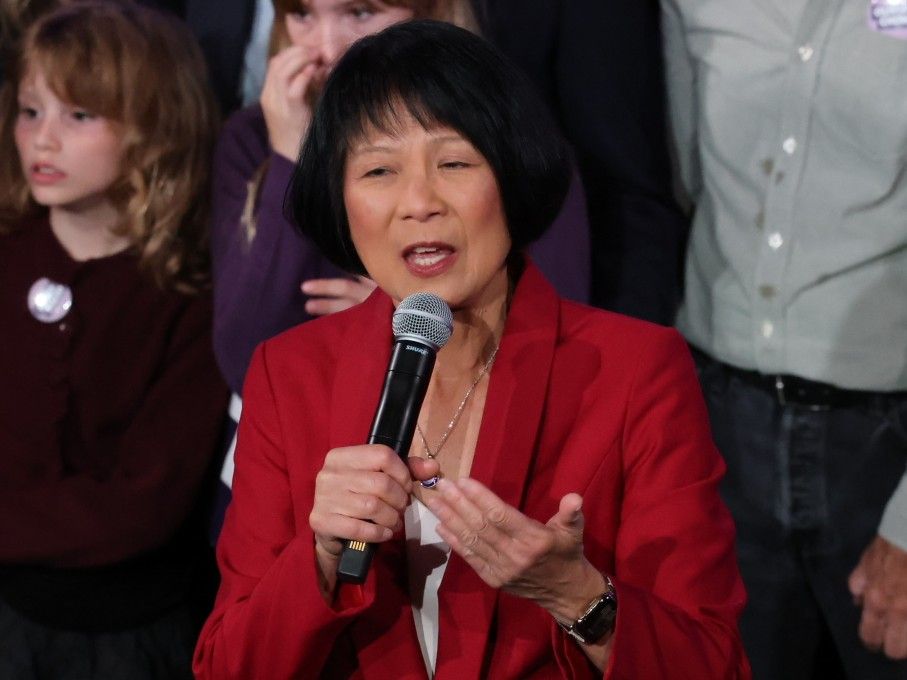 Olivia Chow gives her acceptance speech after she was re-elected as Toronto mayor for the next four years, Monday, Oct. 26, 2026.