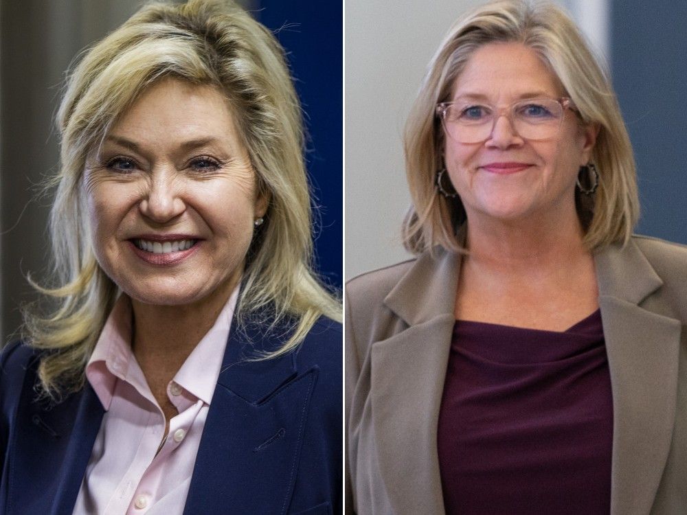 Bonnie Crombie, left, and Andrea Horwath, right, lost their mayoral races in Mississauga and Hamilton on Monday, Oct. 26, 2026.