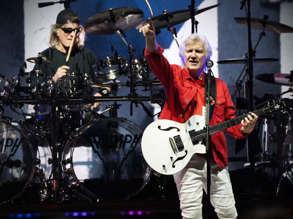Guitarist Rik Emmett and drummer Gil Moore perform during the Triumph reunion tour at the Scotiabank Saddledome in Calgary, May 8, 2026.