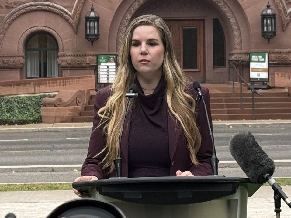 Toronto lawyer Kathryn Marshall, representing 12 Jewish teachers who have filed a human rights complaint against four school boards and two teachers' unions in Ontario, speaks at a press conference outside Queen's Park, Thursday, Oct. 1, 2026.