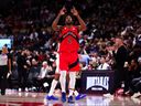 Kawhi Leonard #2 of the Toronto Raptors reacts against the Chicago Bulls in the second half at Scotiabank Arena on Wednesday.
