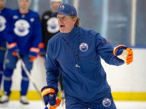 Oilers head coach Mike Babcock is pictured during the first day of skating sessions for training camp at the Downtown Community Arena in Edmonton, Sept. 17, 2026.