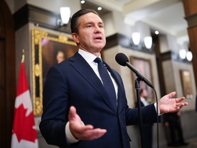 Conservative Party leader Pierre Poilievre speaks at foyer of the House of Commons at West Block on Parliament Hill in Ottawa earlier this month.