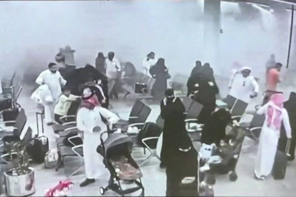 This screen grab taken from CCTV footage played on a screen during a press conference by the Saudi-led coalition in Riyadh on October 15, 2026, and made available via AFPTV, shows what the coalition says was a Houthi attack on Abha International Airport on October 7, 2026. Saudi Arabia, the world's top crude oil exporter, has come under sustained attack by the Houthis in recent days, shifting the focus of the Middle East war that erupted with US-Israeli strikes on Iran in February. 