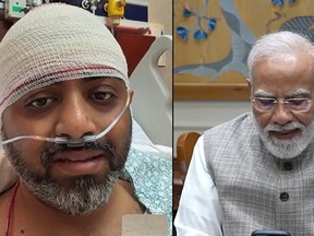 This screengrab of video footage released by the Narendra Modi YouTube Channel on October 2, 2026 shows India's Prime Minister Narendra Modi (R) making a video call with flydubai pilot Smit Machchhar, as he is recovering in a hospital in the United Arab Emirates. Indian Prime Minister Narendra Modi said the actions of flydubai captain Smit Machchhar, who was attacked mid-air by his co-pilot during a flight from Dubai to Tel Aviv, had helped save hundreds of lives and averted "a great tragedy".