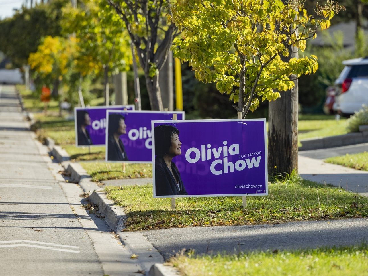 Olivia Chow campaign signs along Rathburn Rd. in Toronto on Monday, Oct. 5, 2026.