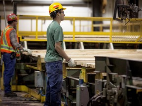 Employees inspect lumber passing down their high speed trim line at the West Fraser Blue Ridge Lumber mill on Friday September 12, 2014 near Whitecourt, Alta.
