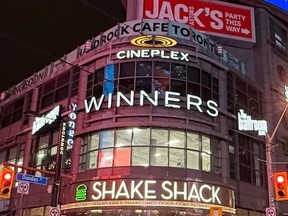 Exterior of Yonge and Dundas Square stores and businesses.