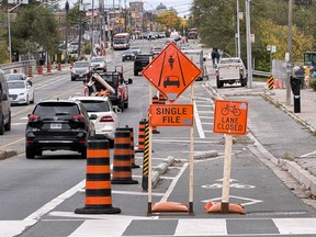 A section of a bike lane is closed on Wednesday, Oct. 14, 2026, in the area of Bloor St. W., and Islington Ave.