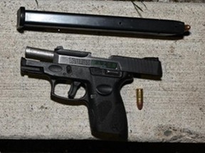 A firearm seized by Toronto Police after a shooting on Tuesday, Oct. 20, 2026, in downtown Toronto.
