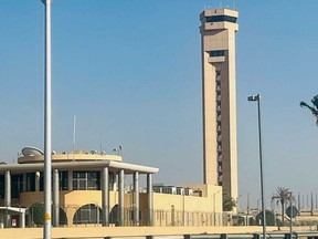 An air traffic control tower is seen at King Khalid International Airport in Riyadh on Sept. 19, 2026. A fresh Houthi strike hit Riyadh's international airport on Oct. 11, a day after another attack claimed by the Yemeni group killed at least a dozen people and forced authorities to suspend operations at the facility.