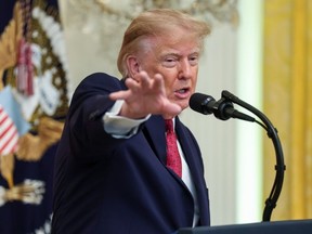 U.S. President Donald Trump speaks during a Hispanic Heritage Month celebration event in the East Room of the White House on September 30, 2026 in Washington, DC.
