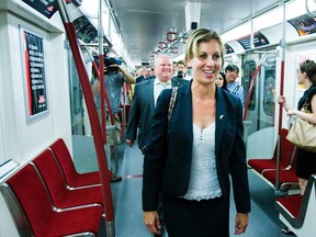 TTC chairman Karen Stintz and Mayor Rob Ford tour one of the new Red Rocket subway cars Wednesday. (ERNEST DOROSZUK/Toronto Sun)