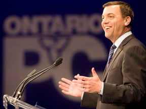 PC Leader Tim Hudak talks to supporters at the Ontario PC Convention at the Toronto Congress Centre on May 29, 2011. (Dave Thomas/QMI Agency)