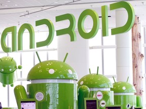Android mascots are lined up in the demonstration area at the Google I/O Developers Conference in the Moscone Center in San Francisco, California, May 10, 2011. (REUTERS/Beck Diefenbach)