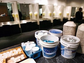 Supplies, including syringes, adhesive bandages and antiseptic pads, wait to be used by  drug addicts inside a safe injection site known as Insite in Vancouver, B.C., in this August 23, 2006 file photo.  REUTERS/Andy Clark/Files