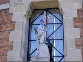 A vandalized First World War monument at Malvern Collegiate in Toronto.