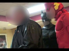 A pair of teens dressed as superheroes confront an alleged pedophile at a McDonald's restaurant in Chilliwack B.C., in a series of recent (November 2011) videos titled 'To Troll Predator.' (YouTube)