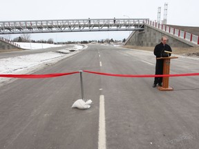 Mayor Sam Katz says a few words before the ribbon is cut on the new portion of the Chief Peguis Trail in Winnipeg. (CHRIS PROCAYLO/Winnipeg Sun)