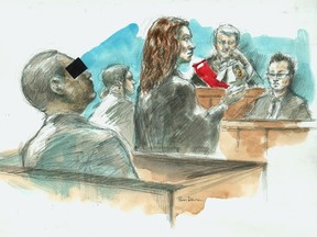 A Scarborough man (face obscured) who terrorized his wife, forced her to have sex with his friends and physically abused their children in seen in court in 2011. (SUN SKETCH BY PAM DAVIES)