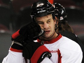 Senators enforcer Zenon Konopka, taking a breather during practice at Scotiabank Place on Thursday, doesn’t expect any funny business against the Penguins on Friday night. (Darren Brown)