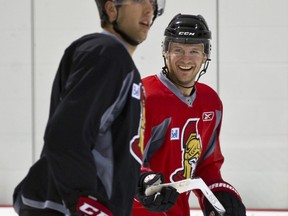 Jared Cowen and Jason Spezza share a laugh. (ERROL McGIHON/Ottawa Sun)