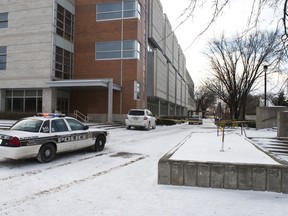 Police were on the scene at the University of Manitoba after a passer by noticed a man laying on the ground. He was later pronounced dead in hospital, police don't suspect foul play at this point. (MIGUEL YETMAN/The Manitoban)