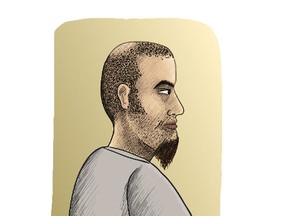 Chad Baillargeon of Gatineau faces five charges after a bomb was discovered in a car cops pulled over in the Glebe neighbourhood of Ottawa late Tuesday. Courtroom sketch by Colin White for the Ottawa Sun.