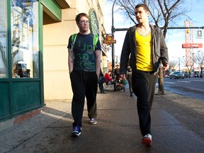 Brad Byers, left, and Matt Scott wear their spring clothes as they walk down Whyte Avenue near 106 Street in Edmonton on Wednesday, January 4, 2012. The temperature hit 10 degrees Celsius, according to the Environment Canada website. CODIE MCLACHLAN/EDMONTON SUN