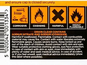A warning label for a household drain cleaner shows it's highly toxic and flammable.