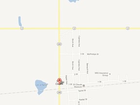 A 62-year-old male pilot walked away without injury when a Cessna 172 plane hit hydro lines and crashed in the Rural Municipality of Grey, about 1.5 km north of St. Claude, Man., near Highway 240, about 3:15 p.m. on Jan. 5, 2012. (Google Maps)