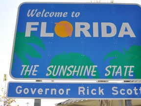 After a few days on 1-75, the Florida sign is a welcome sight but perhaps it should say Hello Sunshine, Goodbye Snow. (PETER GILBERT/Special to QMI Agency)