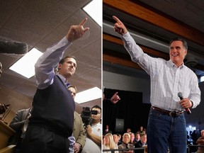 Rick Santorum (L) and Mitt Romney (R). (REUTERS/John Gress/Brian Snyder)