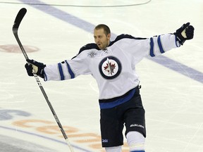 Jets forward Eric Fehr celebrates scoring during the Jets Skills Competition at MTS Centre in November. (JASON HALSTEAD/Winnipeg Sun files)