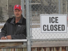 Jeff Valgardson is a volunteer ice-maker at the Bourkeville Community Centre, where the rinks were closed on Jan. 11, 2012due to warm weather. (Chris Procaylo, Winnipeg Sun)