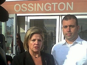 Jonah Schein, right, is pictured outside Ossington TTC station with NDP leader Andrea Horwath.(QMI Agency files)