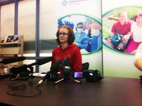 Tracy Shead, wife of Brian Shead, 36, the lone survivor of a northern Ontario plane crash, speaks to reporters at a Winnipeg hospital on Wednesday, Jan 11, 2012. (TAMARA KING/Winnipeg Sun)