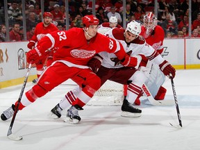 Detroit Red Wings Jonathan Ericsson keeps the puck from Phoenix Coyotes Boyd Gordon during the third period at Joe Louis Arena on January 12, 2011 in Detroit, Michigan. (Gregory Shamus/Getty Images/AFP)