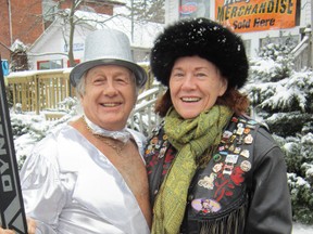 Blustery winter weather last week couldn’t stop the notorious Thong Man (Paul Nurmi of Hamilton) from putting in an obligatory appearance at the Friday the 13th motorcycle rally in Port Dover, Ont. on Jan. 13, 2012. Here, Nurmi gets acquainted with Judi Moore of Paris, Ont. (Monte Sonneberg/QMI Agency)