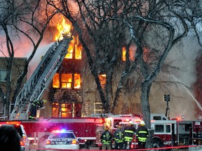 Fire destroyed an apartment building in the 500 block of Sherbrook street around 7:00 a.m. on Jan. 14, 2012. About 40 people were left homeless when the building crumbled later that morning. (Marc Evans for the Winnipeg Sun)